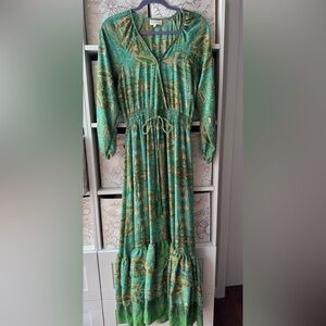 Green Paisley Tie-Waist Maxi Dress with Ruffle Hem